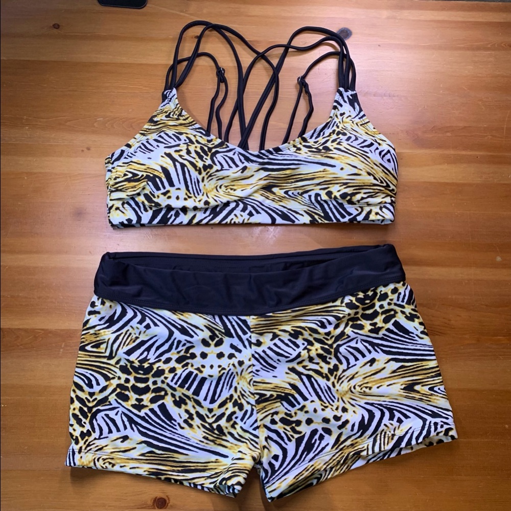 3 piece swimsuit - Swim bikini top, short bottoms, razor black swim top, Size L